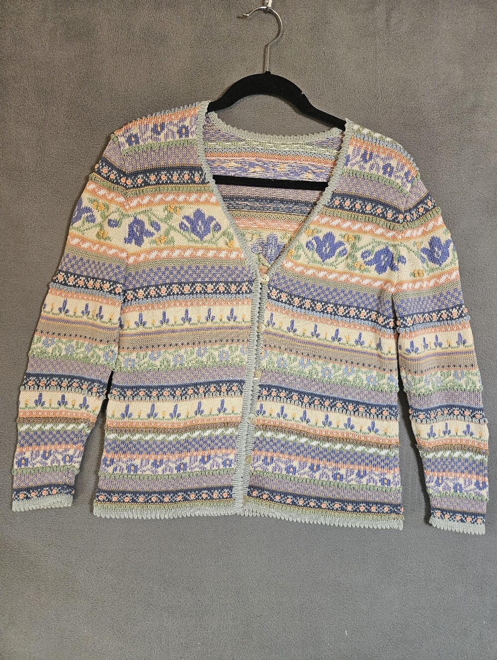 Grannycore Womens Medium Cardigan Sweater Multicolor Texted Hand Knit Floral